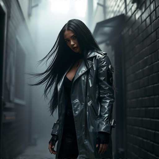 A woman with long dark hair is standing in a dimly lit alleyway, wearing a black leather jacket and pants. The brick wall behind her has a small window on the right side of it.