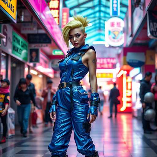 In this vibrant, AI-generated image, a striking woman stands confidently in the middle of a bustling Asian shopping district. She is dressed in a form-fitting, metallic blue jumpsuit that accentuates her athletic build. The jumpsuit features a sleeveless design with a high collar and a prominent black belt cinched at her waist. Her blonde hair is styled in a spiky, mohawk-like fashion, with the sides shaved, adding to her bold appearance. She gazes directly at the camera, exuding strength and poise.

The setting around her is a lively street filled with neon signs and bustling pedestrians, all bathed in a soft pink glow that adds a surreal quality to the scene. The woman's face, though realistic, has a slightly uncanny quality that hints at the image's AI-generated nature. Her left arm is adorned with a tattoo, and she wears matching metallic blue wristbands on both wrists. The overall composition captures a moment of urban energy and modern style, blending the real with the fantastical.