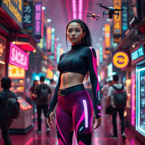 In this vibrant, futuristic cityscape, a young woman stands confidently in the middle of a bustling, neon-lit alleyway. She is dressed in a striking outfit that combines a black crop top with long sleeves and a matching black belt, paired with form-fitting purple pants adorned with pink stripes and a glowing white stripe. Her long black hair cascades down her back, and she wears large hoop earrings that catch the light. The woman's expression is serious, and she gazes directly at the camera, exuding a sense of strength and determination.

Surrounding her are various shops and storefronts, some with signs in English and others in an Asian language, adding to the cosmopolitan feel of the scene. The ground beneath her is a vivid red, reflecting the intense lighting from the numerous neon signs that illuminate the alleyway. In the background, a few people can be seen walking, though they are blurred and less distinct. Adding to the futuristic ambiance, two drones hover above the woman, one on each side, seemingly capturing her image. The overall scene is a captivating blend of modern technology and urban energy, with the woman as its focal point.