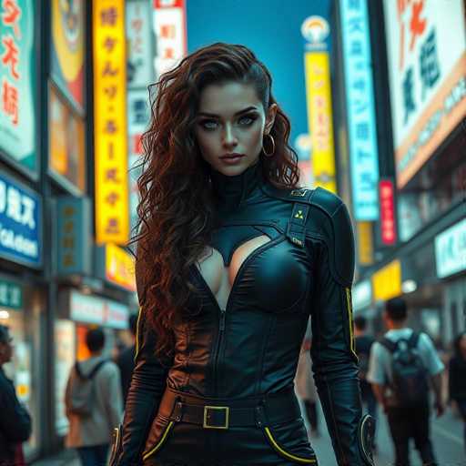 The image shows a woman standing on a busy street in an Asian city at night. She is wearing a black leather outfit with a yellow belt and has long brown hair styled in loose waves. The background of the photo features neon signs and buildings that illuminate the scene.