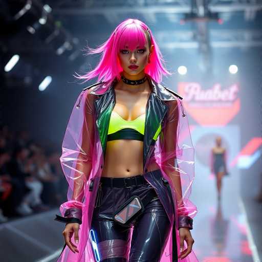 The image shows a model wearing a pink and green outfit with neon colors walking down a runway. The model is holding a black purse and has pink hair styled in an edgy manner.