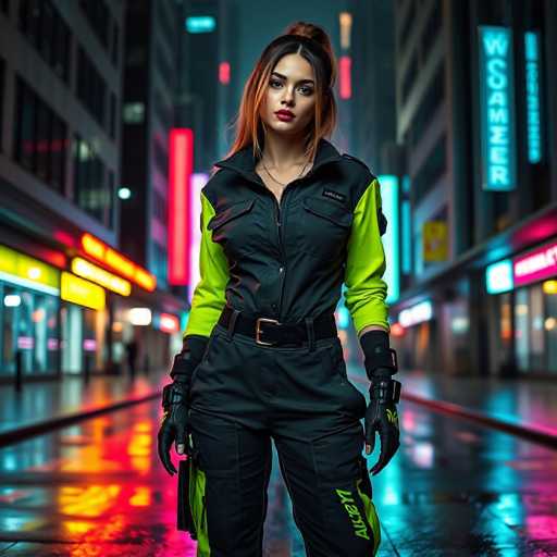 In this vibrant, AI-generated image, a young woman stands confidently in the middle of a bustling city street at night. She is dressed in a striking black jumpsuit with neon green accents on the sleeves and sides, complemented by a black belt with a gold buckle. Her long, dark hair is styled in a high ponytail, and she wears bold red lipstick that adds a pop of color to her face. Her expression is serious, and she gazes directly at the camera. The jumpsuit features a partially unzipped front, revealing a hint of her chest, and has a small black label on the left side. She wears black gloves, and a green logo is visible on her right leg. The background is a blur of tall buildings adorned with neon signs in various colors, including red, yellow, and blue, creating a dynamic and colorful urban atmosphere. The wet street reflects the vibrant lights, enhancing the overall lively and energetic feel of the scene.