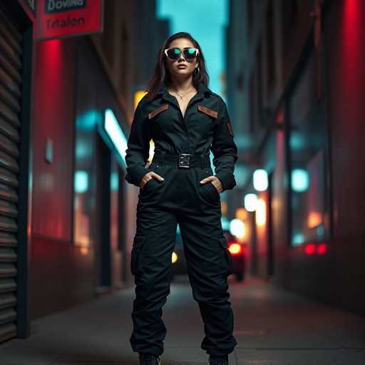 A woman stands confidently in the middle of a dimly lit street, her presence commanding attention. She is dressed in a sleek, black jumpsuit that accentuates her figure, paired with a black belt featuring a prominent silver buckle. Her hands rest casually in her pockets, and she sports stylish sunglasses with white frames and black lenses. Her long, dark hair cascades down her back, adding to her striking appearance. The jumpsuit is adorned with brown leather patches on the shoulders and additional brown leather accents on the pockets, adding a touch of rugged elegance. The background is blurred, with indistinct buildings and a few cars, their red taillights faintly visible, creating a moody urban atmosphere. The woman's face is clearly visible, her expression serene and composed, making her the focal point of this captivating scene.