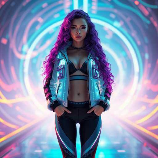 The image features a striking, computer-generated woman with long, wavy hair that transitions from a deep purple at the roots to a vibrant pink at the tips. She has a tan complexion and is adorned with a choker necklace and a delicate pendant. Her attire includes a black bra with a gray band, a silver jacket with purple accents, and black pants that feature blue and pink stripes along the sides. The background is a mesmerizing array of neon lights in shades of blue, pink, and yellow, creating a futuristic, almost sci-fi atmosphere. The woman stands confidently, with her hands in her pockets, gazing directly at the viewer.