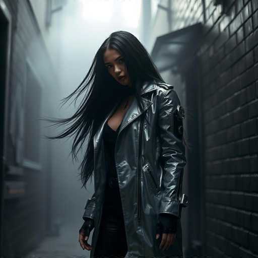 A striking image features a woman with long, flowing black hair, dressed entirely in black. She wears a sleek black dress and fingerless gloves, adding a touch of edginess to her ensemble. Her outfit is complemented by a shiny black leather trench coat, which has a distinctive circular patch on the left sleeve. The coat is adorned with multiple zippers, including one on the left side and another on the front. The woman stands confidently in a narrow alleyway, flanked by two buildings. The building on the right is constructed of black bricks, while the one on the left appears to be made of gray stone. The ground beneath her is gray, and a faint light filters through the top of the image, casting a subtle glow over the scene.