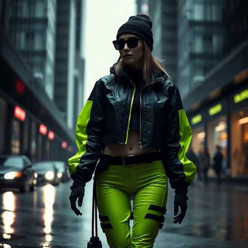 A woman is walking down a city street wearing a black leather jacket with green accents and neon green pants. She has her hands in her pockets and sunglasses on her head. The background shows buildings lining the street and cars parked along the side of the road.