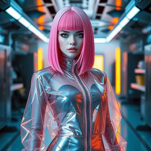 The image depicts a highly detailed, computer-generated scene of a futuristic, metallic hallway. The floor and walls are constructed from sleek, reflective metal, creating an otherworldly ambiance. The ceiling features a grid of black squares, interspersed with bright white lights that illuminate the corridor. Yellow lights are mounted on the walls, adding a warm contrast to the metallic environment.

In the foreground stands a woman with a striking appearance. She has vibrant pink hair styled into a bob with bangs, and her eyes are a captivating blue. Her lips are painted a soft pink, and she has a fair complexion. She is dressed in a form-fitting, metallic silver bodysuit that extends from her neck to her thighs. The bodysuit features a prominent zipper running down the front, and it is overlaid with a clear, plastic-like material that adds an extra layer of texture and depth to her outfit. The overall composition of the image blends elements of science fiction and high fashion, creating a visually arresting scene.