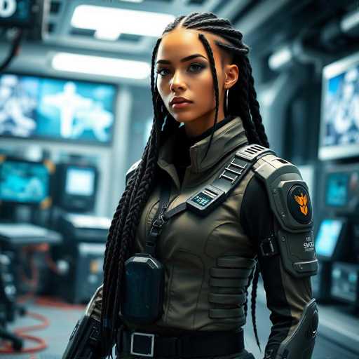 The image depicts a highly detailed, computer-generated scene of a young African-American woman standing in a futuristic, high-tech environment. She is dressed in a dark gray, form-fitting uniform that appears to be made of leather or a similar material, with a high collar and a zipper running up the front. The uniform features various straps and buckles, including a prominent black strap across her chest and another around her waist, which holds a small black pouch. 

Her long, dark brown braids cascade down her shoulders, with two braids framing her face on either side. She has dark eyes, dark eyebrows, and is adorned with large hoop earrings. The background is blurred but filled with an array of high-tech equipment, including computer monitors, screens, and possibly medical or scientific instruments. The setting is illuminated by fluorescent lights, adding to the clinical, futuristic atmosphere. The woman stands with a serious expression, looking directly at the camera, her presence commanding and enigmatic.