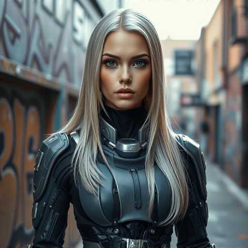 A striking image features a woman with long, straight blonde hair, parted in the middle, cascading down to her chest. She has captivating blue eyes and a fair complexion, accentuated by a subtle touch of pink lipstick. Her attire is a sleek, black leather outfit adorned with silver accents, including a prominent silver buckle on her chest and silver detailing on her shoulders. The background is a blurred urban setting, with buildings on either side. The building to her left is gray with indistinct graffiti, while the one to her right is a light brown color. The ground beneath her is a muted gray, completing the scene.