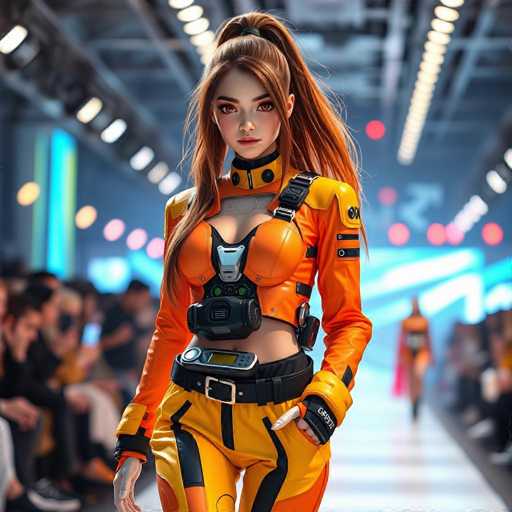 The image depicts a highly detailed, computer-generated scene of a young woman walking down a runway, likely at a fashion show. She has long, reddish-brown hair styled in a ponytail with loose strands framing her face. Her attire is a striking orange crop top with long sleeves, featuring a black strap over her left shoulder and a black collar with two buttons. The top is form-fitting, revealing her midriff and cleavage, and includes a black device with a screen on her chest. She pairs this with matching orange pants that have black stripes running down the sides. Her accessories include fingerless gloves, a black belt with a silver buckle, and a white bandage wrapped around her right hand. The background is blurred, showing indistinct figures of people seated on either side of the runway, with bright lights and a blue wall adding to the ambiance. Another model in a similar outfit can be seen walking away in the distance.