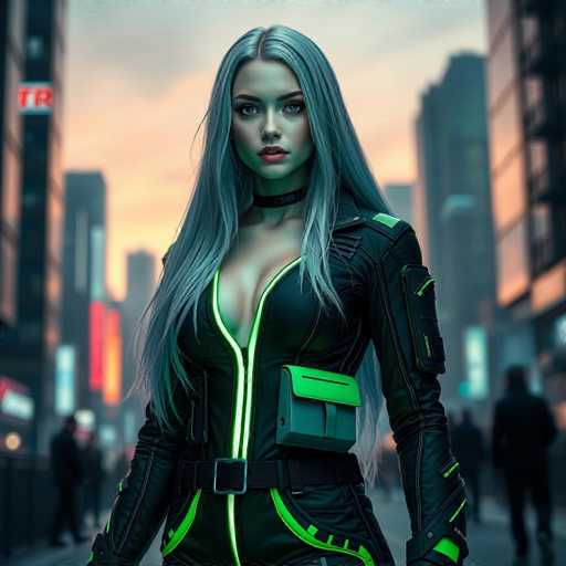 The image depicts a highly detailed, computer-generated scene of a young woman standing in the middle of a bustling city street at dusk. She is wearing a form-fitting, black leather bodysuit adorned with neon green accents, including a zipper that runs from her neck down to her belly button, and a small green pouch on her left hip. Her long, straight gray hair cascades down to her waist, and she has striking red lips and dark eyebrows. A black choker encircles her neck, and a black belt with a silver buckle cinches her waist. She also sports a green armband on her right arm. The background features tall buildings on both sides, illuminated by various neon signs and lights, with blurred figures of people walking around her, adding to the urban atmosphere. The sky above is a mix of gray and orange hues, suggesting the sun is setting.
