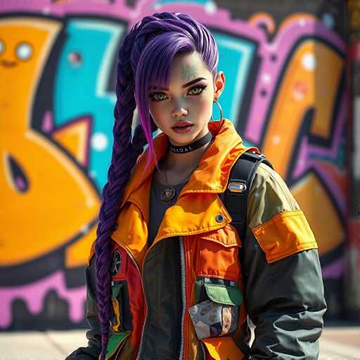 This image features a highly detailed, computer-generated depiction of a young woman, likely in her late teens or early twenties. She has striking green eyes and a unique tattoo on her forehead, resembling a small triangle. Her hair is a vibrant purple, styled into a long braid that drapes over her right shoulder. She is adorned with large hoop earrings and wears a choker necklace with the word "medieval" inscribed on it. Additionally, she has a pendant necklace hanging from her neck.

Her attire includes a gray shirt layered under a distinctive jacket. The jacket is primarily black with an orange collar and orange patches on the sleeves, and it features a zipper. She also carries a backpack, with the straps visible over her shoulders. The background is a colorful graffiti mural, featuring shades of yellow, blue, and purple, adding to the urban and artistic ambiance of the scene.