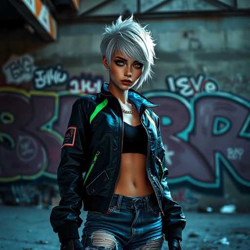 This image features a striking, computer-generated female character with short, spiky white hair. Her eyes are a captivating yellow, and she has a fair complexion. She is dressed in a black leather jacket adorned with green stripes and a red patch on the left arm. Beneath the jacket, she wears a black sports bra, and her midriff is exposed. She also sports ripped blue jeans, revealing her legs. The background is a grayish-blue hue, with a concrete wall behind her that is covered in graffiti. The graffiti includes large, purple letters outlined in blue, though they are not fully legible. Additionally, there are smaller white graffiti elements scattered around. The ground beneath her is littered with trash, adding to the gritty atmosphere of the scene.