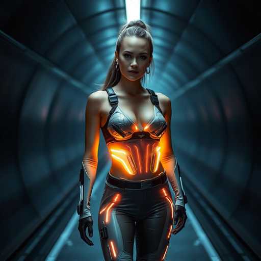 In this striking image, a woman stands confidently in the center of a dark, tunnel-like environment. She is dressed in a sleek, futuristic outfit that combines elements of a tank top and a bra, accentuating her figure. The top part of her outfit is silver, while the bottom features a black belt and matching black pants. Her ensemble is further enhanced by glowing orange lights that outline her chest, waist, and legs, adding a dynamic and futuristic flair to her appearance.

Her long, blonde hair is styled in a ponytail, with loose strands framing her face, and she wears hoop earrings that catch the light. The woman's expression is serious, with her mouth closed, as she gazes directly at the camera. Her arms are adorned with white sleeves that extend from her elbows to her wrists, ending in black gloves. The background is a dark gray tunnel with a light strip running down the center, creating a stark contrast that highlights the woman's illuminated outfit and adds depth to the scene.