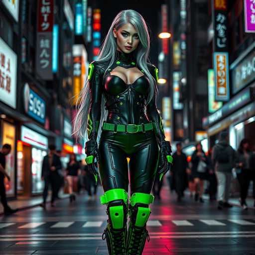 A woman with long blonde hair and green gloves is standing on a city street at night, wearing a black leather outfit that includes a corset and boots. The background features neon signs and buildings lit up by bright lights, creating an urban atmosphere.