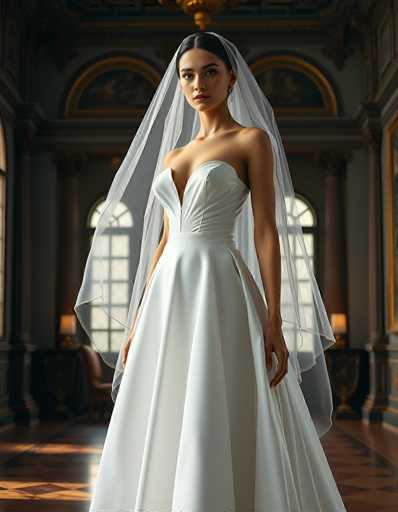 A stunning portrait of a bride in a classic white wedding gown, standing in an opulent, dimly lit room. The bride is the focal point, her elegant white gown with a sweetheart neckline and flowing skirt catching the light. She wears a long, sheer veil that drapes gracefully around her shoulders and cascades to the floor. Her dark hair is styled neatly, and she wears delicate earrings. The background features ornate architectural details, including large windows with arched frames, gilded wall panels, and a warm, soft lighting that creates a romantic atmosphere. The overall mood is one of elegance, sophistication, and timeless beauty.
