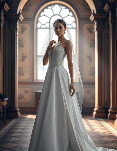 A woman is standing in front of a large window with white curtains and a floral pattern on the wall behind her. She is wearing a long white wedding dress that falls down to her knees, and she has a veil covering her hair. The room appears to be a church or cathedral-like space, characterized by its high ceilings and ornate decorations.