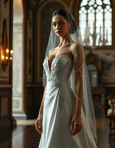 A stunning bride in a flowing, ivory wedding gown and sheer veil stands gracefully in a grand, ornate room. The focus is on her elegant posture and the intricate details of the dress, with a soft, romantic lighting highlighting the opulent setting. The art style is photorealistic, emphasizing depth and texture.