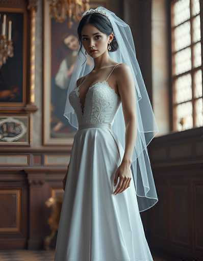 A stunning bride in a classic white wedding gown and veil stands elegantly in a dimly lit, ornate room. The focus is on her poised figure, with a vintage-inspired art style emphasizing soft lighting and detailed textures. The spatial relationship places her as the central subject, framed by a grand, slightly blurred background of historical decor.
