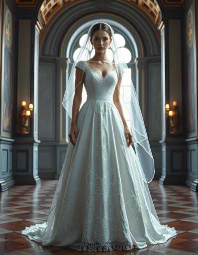 A woman is standing in front of a large window with white curtains and a gold frame. She is wearing a long white wedding dress with a train that flows down the back and a veil on her head. The room has dark wood paneling and marble floors, creating an elegant atmosphere.