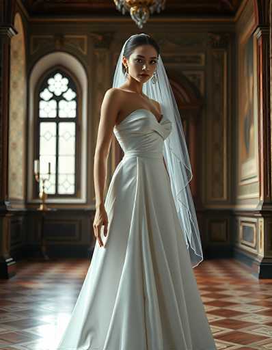 A stunning bride in a classic, off-the-shoulder white gown stands gracefully in a grand, ornate room. The spatial relationship places her as the central focus, bathed in soft light from a window behind her. The art style is highly detailed and romantic, reminiscent of a vintage portrait with rich textures and warm tones.