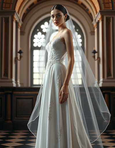 A woman is standing in front of a large window with white curtains and a floral pattern on the wall behind her. She is wearing a long white wedding dress that has a train trailing down the back and a veil covering her hair. The room appears to be a church or cathedral, as suggested by the ornate architecture visible through the window.