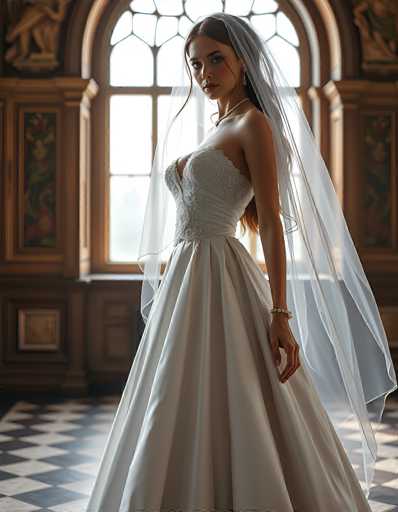 A stunning bride in a classic white wedding gown stands gracefully in a grand, ornate room. The dress features a fitted bodice with intricate lace detailing and a flowing A-line skirt, complemented by a long, sheer veil. She wears delicate jewelry and her hair is styled in soft waves. The room's architecture is rich with dark wood paneling, arched windows, and a checkered floor. The lighting casts a warm glow on the scene, highlighting the bride's elegant posture and the luxurious details of her attire. The overall mood is romantic, sophisticated, and timeless.