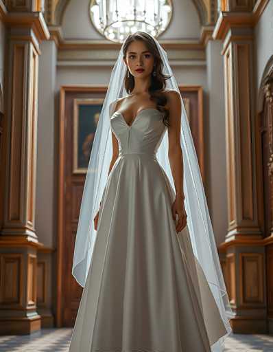 A stunning portrait of a bride in a beautiful white wedding gown, standing confidently in an ornate hallway. The bride is the focal point, her elegant dress flowing gracefully as she looks directly at the viewer with a serene expression. She wears a long, sheer veil that drapes around her shoulders and cascades down to the floor. Her hair is styled in soft waves, and she wears delicate earrings. The hallway features rich, warm tones of wood and gold, with ornate architectural details like columns and a decorative chandelier. The lighting is soft and diffused, highlighting the bride's features and the details of her dress. The overall mood is one of elegance, romance, and timeless beauty.