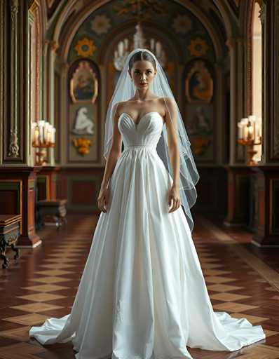 A stunning bride in a classic white wedding gown and veil stands centrally in an ornate, dimly lit hallway. The spatial relationship places her as the focal point, framed by the grand architectural details and patterned floor. The art style is realistic, emphasizing elegant lighting and a sense of timeless beauty.