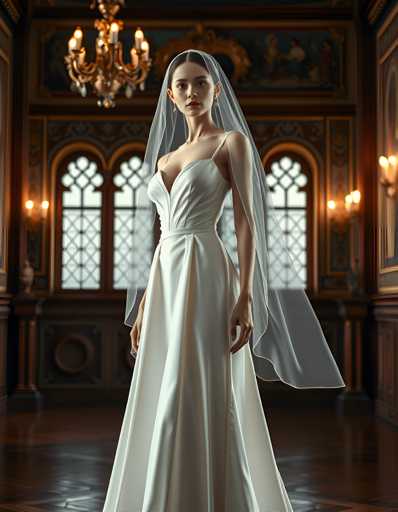 A woman is standing in front of a large window with white curtains and gold accents, wearing a long white wedding dress that falls down to her knees. She has a veil on her head and is looking directly at the camera.