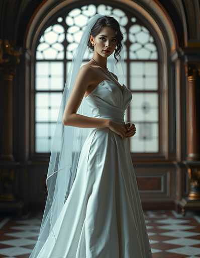 A stunning bride in a flowing, ivory wedding gown and sheer veil stands elegantly in a grand, ornate room. The focus is on her poised posture and the dramatic lighting highlighting the intricate details of her dress and the vintage architectural backdrop. The art style is a blend of realistic portraiture with a touch of romantic, slightly ethereal quality.