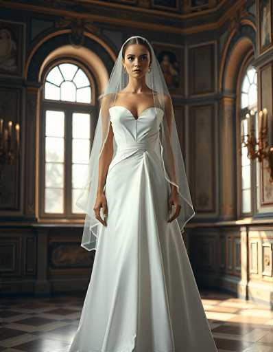 A stunning bride in a classic white wedding gown and veil stands gracefully in an opulent, ornate room. The spatial relationship places her centrally, bathed in soft light from the arched windows, highlighting a vintage, romantic art style with rich architectural details and a focus on elegant textures.