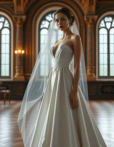 A stunning bride in a flowing, ivory wedding gown and sheer veil stands gracefully in an opulent, ornate room. The focus is on the bride's elegant posture and the soft light highlighting her in a grand, vintage-inspired setting. The art style is photorealistic, emphasizing detail and texture.