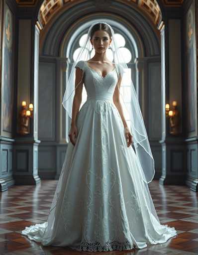 A stunning digital painting of a bride in an elegant, intricately detailed wedding gown. The dress is a classic ballgown style with delicate lace and embroidered patterns throughout, flowing to the floor. She wears a sheer veil that drapes gracefully around her shoulders and cascades down her back, partially obscuring her face. Her hair is styled in an updo, and she wears subtle jewelry. The bride stands in a grand, ornate room with high ceilings, arched windows, and rich, patterned flooring. The lighting is soft and ethereal, highlighting the details of her dress and creating a romantic atmosphere. The overall style is realistic and detailed, with a focus on capturing the beauty and elegance of the bride in her wedding attire.