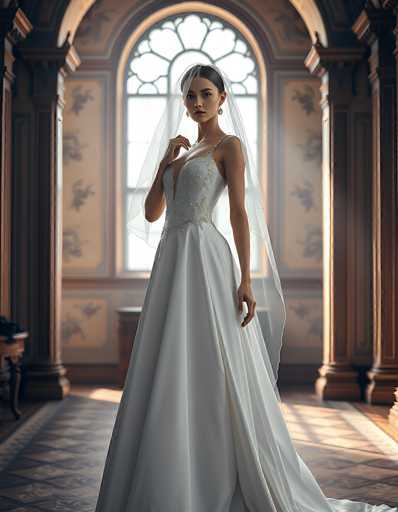 A stunning bride in a flowing white wedding gown and veil stands gracefully in a grand, ornate room. The spatial relationship places her as the central focus, bathed in soft light streaming from a large window behind. The art style is highly detailed and romantic, reminiscent of a vintage portrait with a focus on elegant textures and soft lighting.