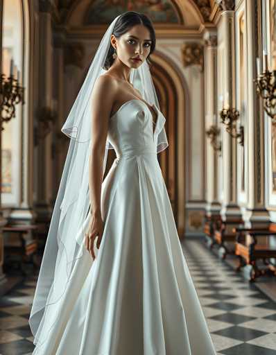 A woman is standing in an ornate room with a high ceiling and large windows that let in natural light. She is wearing a white wedding dress with a long train and a veil. The room has marble columns and walls adorned with paintings, creating an elegant atmosphere.