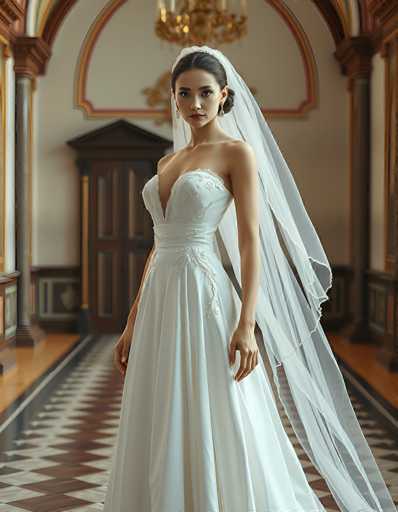 A stunning portrait of a bride in a beautiful white wedding gown, standing in an elegant hallway. The bride is the focal point of the image, positioned centrally and looking directly at the viewer with a serene expression. She is wearing a classic white wedding gown with a sweetheart neckline and intricate lace detailing on the bodice, paired with a long, flowing veil. Her hair is styled in an elegant updo, and she wears delicate earrings. The hallway is grand and ornate, with marble flooring in a checkered pattern of red and white, and dark wooden doors leading to other rooms. The lighting is soft and warm, highlighting the bride's features and the details of her dress. The overall mood is one of elegance, romance, and timeless beauty.