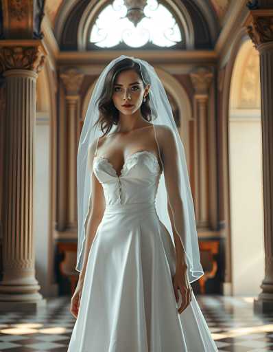 A woman is standing in front of a large window with white curtains and a gold frame. She is wearing a long white wedding dress that falls down to her knees, and she has a veil on her head. The room appears to be an indoor space with columns lining the walls behind her.