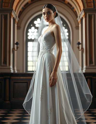 A stunning bride in a flowing white wedding gown and sheer veil stands gracefully, positioned slightly off-center. The ornate setting features a grand, arched window with intricate details and dark checkered flooring, creating a classic, elegant atmosphere. The focus is on the bride's poised posture and the delicate details of her dress, bathed in soft light.