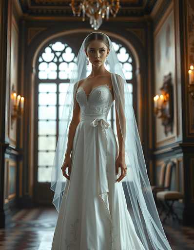 A stunning bride in a classic white wedding gown and veil stands centrally in a grand, ornate room. The spatial relationship places her as the focal point, framed by the dramatic architecture and soft lighting. The art style is romantic and elegant, emphasizing a timeless bridal aesthetic with a touch of vintage grandeur.