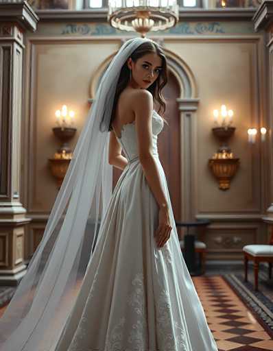 A stunning bride in an elegant, flowing wedding gown and veil stands in a grand, ornate room. The focus is on her poised posture and the soft lighting highlighting the intricate details of her dress, creating a romantic, vintage-inspired portrait. The spatial relationship places her as the central subject within the opulent setting.