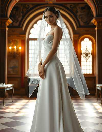 A stunning portrait of a woman in a beautiful white wedding gown, standing gracefully in an ornate, vintage-style room. The focus is on her elegant posture and the flowing fabric of the dress and veil, with a soft, warm lighting highlighting the scene. The background features intricate architectural details like arched windows and decorative wall panels, creating a romantic and timeless atmosphere. The woman's expression is serene and captivating, drawing the viewer into the scene.