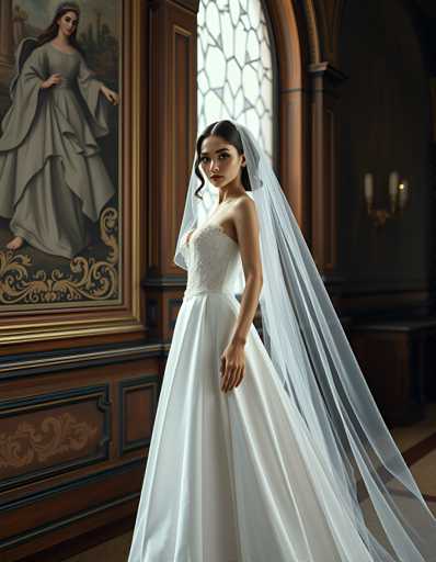 A woman is standing in front of a large window with a painting of a woman on the wall behind her. She is wearing a white wedding dress and veil that falls over her shoulders. The room has dark wood paneling and a chandelier hanging from the ceiling.