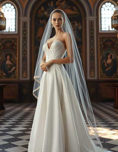 A stunning bride in a classic white wedding gown and veil stands gracefully in a grand, ornate room. The spatial relationship places her centrally, bathed in soft light, while the background features detailed, vintage-style artwork and a checkered floor. The art style is romantic and elegant, emphasizing the bride's poised presence.