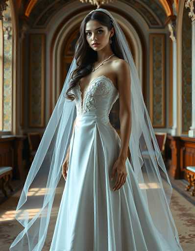 A stunning bride in a flowing, ivory wedding gown and sheer veil stands gracefully in an ornate, warmly lit room. The focus is on her elegant posture and the detailed gown's embellishments, with a soft, romantic aesthetic emphasizing depth and texture. The spatial relationship places her as the central subject within this grand setting.
