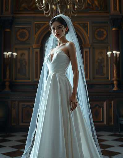 A stunning bride in a flowing white gown and veil stands elegantly in a grand, ornate room. The focus is on her poised figure against the rich, dark backdrop of a baroque-style interior with gilded details and warm lighting. The art style is photorealistic, emphasizing depth and texture.