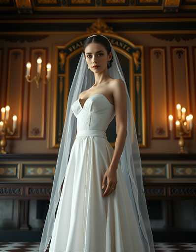 A stunning bride in a classic white wedding gown and veil stands elegantly against a richly ornate, vintage-style backdrop. The focus is on the bride's poised posture and the soft lighting highlighting her delicate features, creating a romantic, timeless portrait with a focus on detail.