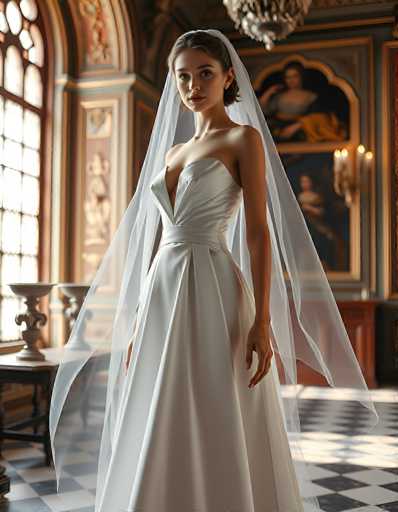 A stunning bride in a flowing white wedding gown and sheer veil stands gracefully in an opulent, ornate room. The focus is on the bride's elegant posture and the dramatic lighting highlighting the intricate details of her dress. The spatial relationship places her as the central figure within a grand, vintage-inspired setting.