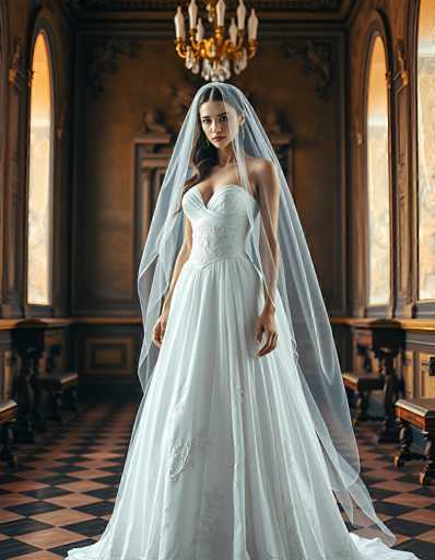 A stunning portrait of a bride in a beautiful white wedding gown, standing in an ornate, vintage-style room. The bride is the focal point, positioned centrally and looking directly at the viewer with a serene expression. She wears a flowing white wedding dress with delicate lace detailing on the bodice and a long, sheer veil that drapes gracefully around her. Her dark hair is styled with soft waves and falls to her shoulders, framing her face. The room has a rich, warm color palette with dark wooden paneling, checkered floor tiles in shades of brown and white, and large arched windows that let in soft light. The background is slightly blurred, drawing attention to the bride. The overall mood is elegant, romantic, and timeless.