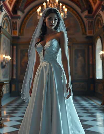 A stunning portrait of a bride in an elegant white wedding gown, standing in a grand, ornate hall. The bride is the focal point, positioned slightly off-center, with her gaze directed towards the viewer. She wears a flowing white gown with a sweetheart neckline and a sheer, flowing veil that drapes gracefully around her. Her dark hair is styled with soft waves and cascades over her shoulders, framing her face. The hall features intricate details like patterned flooring, arched doorways, and ornate wall decorations with warm, golden tones. Soft, warm lighting illuminates the scene, highlighting the bride's ethereal beauty and the grandeur of the setting. The overall mood is one of elegance, romance, and timelessness.